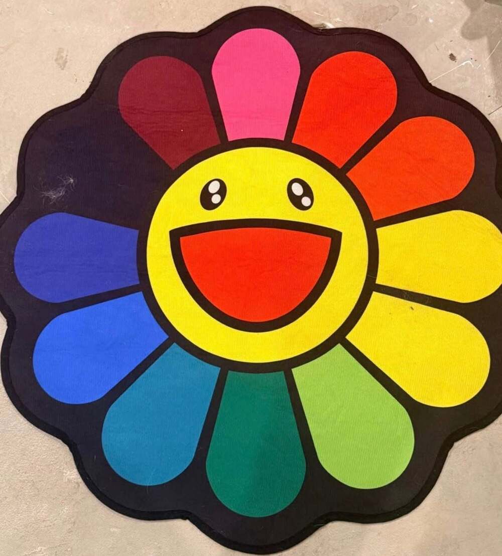 Takashi Murakami Style Rainbow Flower Smiley Face Area Rug Floor Mat